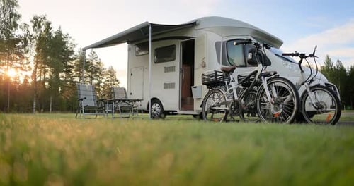 Family vacation travel RV, holiday trip in motorhome, Caravan car Vacation.