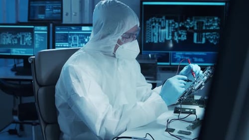 Microelectronics Engineer Works in a Modern Scientific Laboratory on Computing Systems and