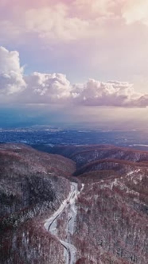 Winding Road Through Snowy Forest Aerial View