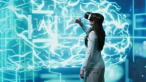 Developer Wearing VR Headset Looking at Artificial Intelligence Hologram