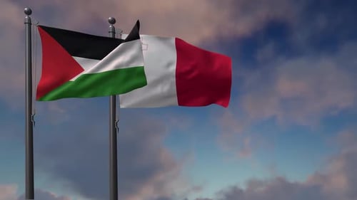 Realistic Animation of Palestine and Italy Flags Waving