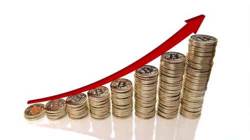 Bitcoin Coins Stacking Up with Rising Red Arrow Chart
