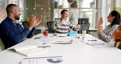 High five, digital agency or business people in meeting applause for company growth