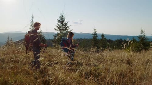 Attractive Woman and Man with Backpacks Trekking Across Grassy Field. Female And