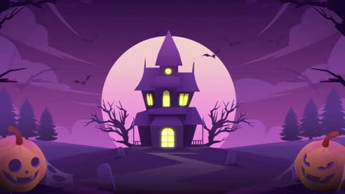 Animated Halloween Haunted House with Flying Bats and Jack-o-Lanterns