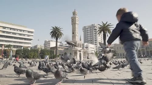 Little boy is chasing pigeons at Konak Square, Izmir, Turkey