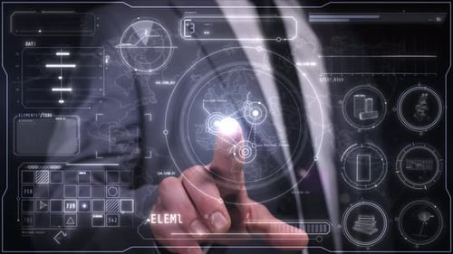 Interface de tela sensível ao toque futurista com mapa mundial e análise de dados