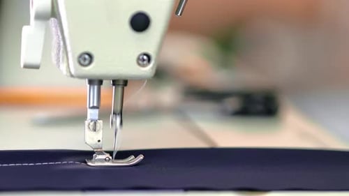 Electric Sewing Machine Sew Textile Tissue Detail Needle Thread Stitch Clothes Manufacturing Closeup