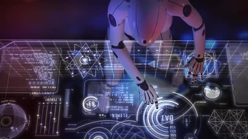 Roboter mit futuristischer Touchscreen-Oberfläche mit Datenanalyse