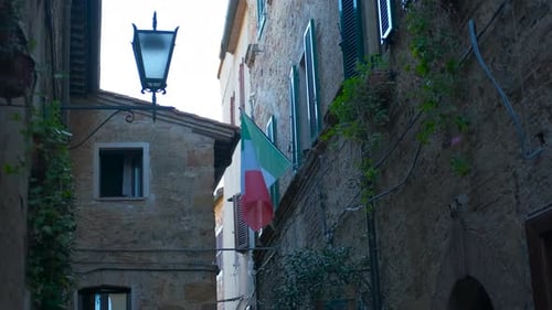 Italian Flag in Picturesque European Town Alleyway