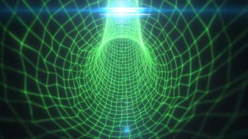 Bright green wireframe grid tunnel with lens flare