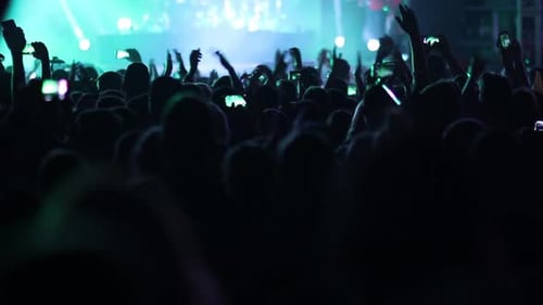 Young people taking photographs with touch smart phone during a music concert live on illuminated st