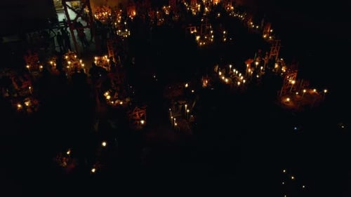 Aerial view of cemetery during the Day of the dead, Arocutin, Michoacan, Mexico