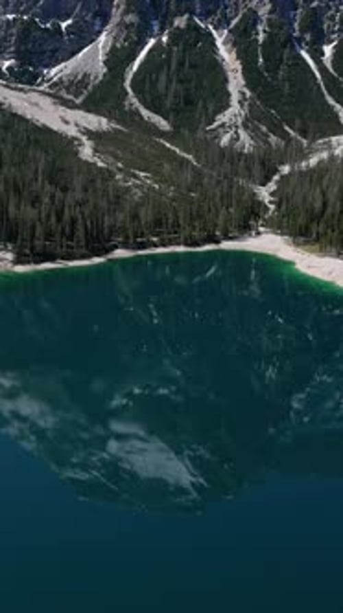 Aerial view of mountain Lake Braies in Dolomite Alps, South Tyrol, Italy, 4k