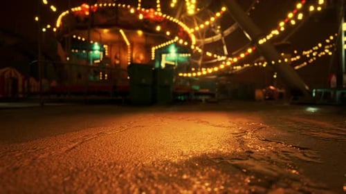 An Empty Amusement Park at Night with Glowing Lights and Eerie Silence