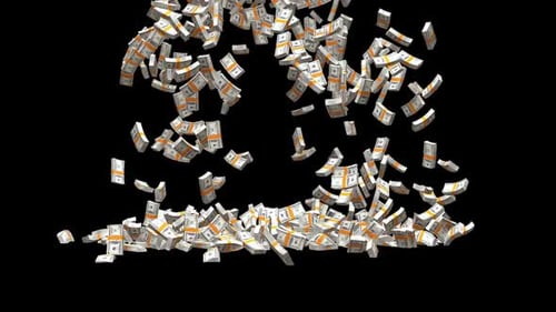 Falling money bundles creating a chaotic scene