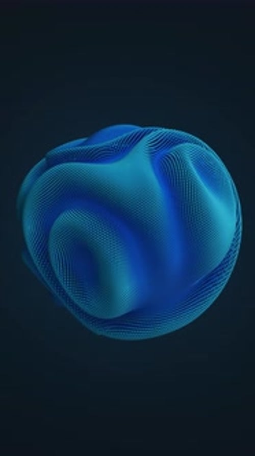 Ondes de distorsion sur une sphère abstraite composée de boules bleues brillantes, éclaboussure de données numériques d'un point sphérique