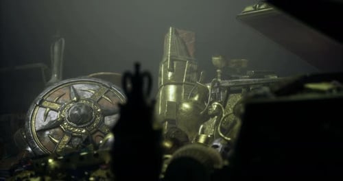 Des trésors et des artefacts d'époque remplissent un espace faiblement éclairé en attendant d'être explorés
