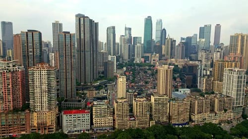 Aerial view of skyscrapers and buildings, China.