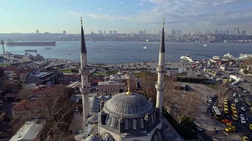 Aerial View of Historic Mosque and Ferry Pier in Istanbul