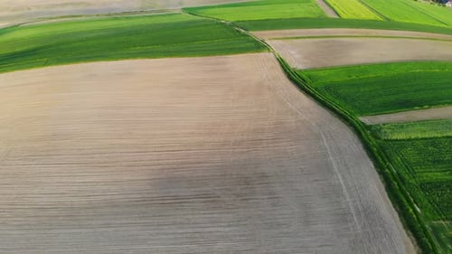 Brown fields and spring green crops aerial view, cultivated European farmland