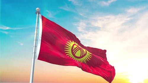 Kyrgyzstan National Flag Waving in Slow Motion Against Sunset Sky