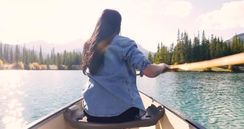 Portrait Happy Woman Canoeing on Sunny Mountain Lake 10 Seconds or Greater