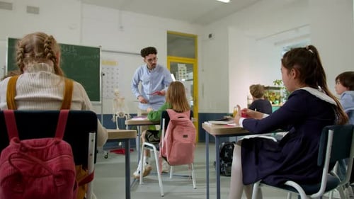 Elementary School Class Children Communicate with the Teacher Answering Question