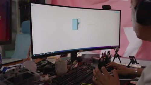 Der Student der Ingenieurwissenschaften konzentrierte sich auf einen Computerbildschirm, der aktiv Maus und Tastatur verwendete, um einen zu entwerfen