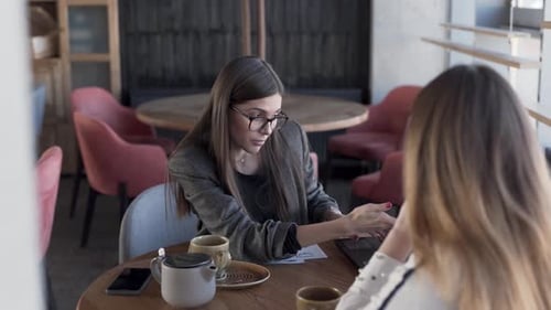 Dos hermosas mujeres jóvenes están sentadas en un café en el interior. Uno de ellos le está explicando a otro algunos i