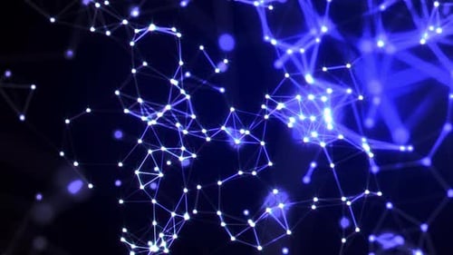 Futuristische abstrakte blau leuchtende Plexuspunkte mit glühenden magischen Energielinien auf schwarzem Hintergrund