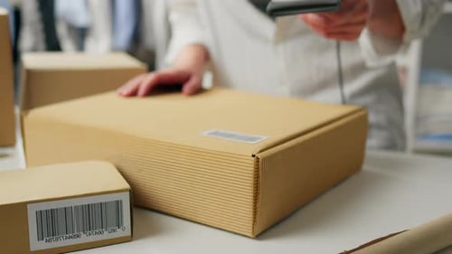 Modern Packaging Business Worker In Product Packaging Shop Responsibly Scans Barcode With Electronic