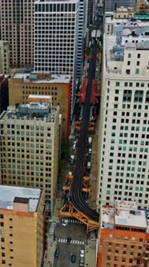 Aerial view of elevated train track in downtown Chicago