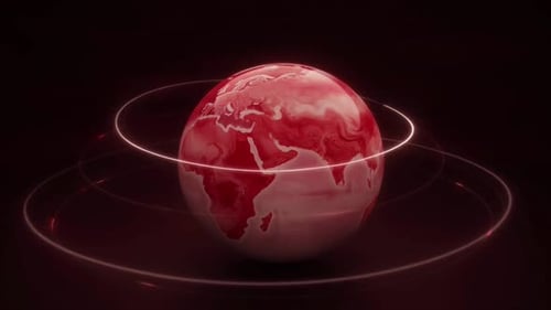 Futuristic 3D Red Earth Globe With Glowing Orbiting Rings