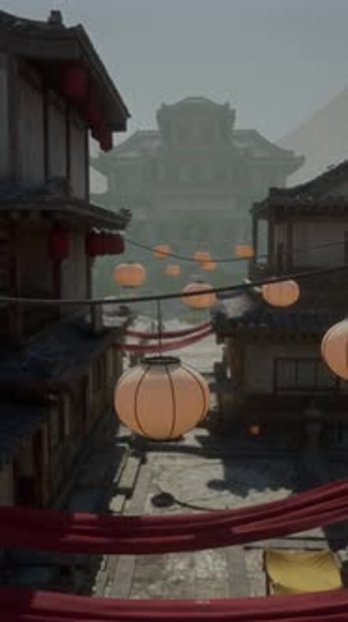 A Street with Lanterns Hanging From It's Sides