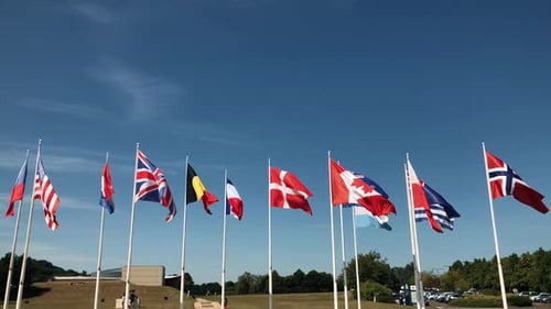 International National Flags Flying Against a Blue Sky