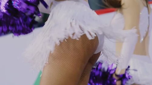 Cheerleaders in White Costumes Dance on Stadium Slow Motion