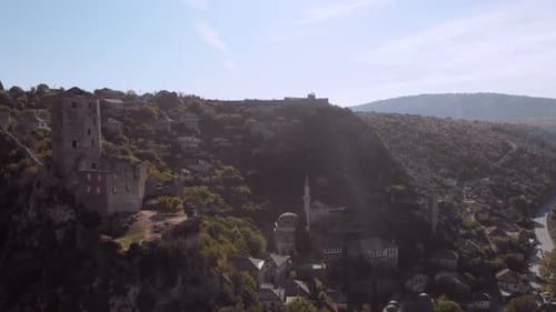 Historic hillside village Počitelj, Bosnia and Herzegovina, dramatic aerial