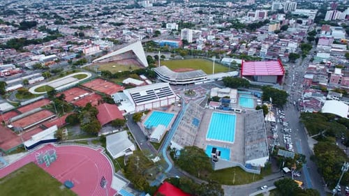 Aerial View of Cityscape, Sports Complex, and Athletic Facilities - Cali, Colombia
