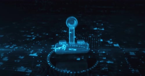 Futuristic Holographic Joystick Controller Reveal on Digital Circuit Board