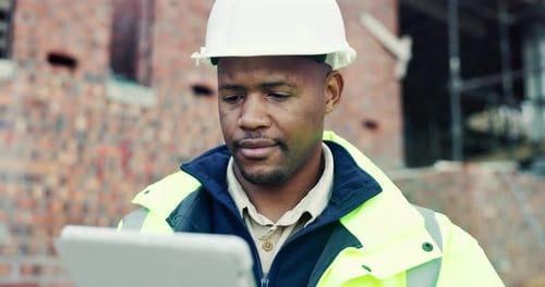 Black man, reading or tablet on construction site with checklist, building app