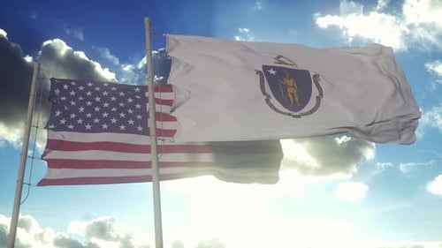 United States and Massachusetts Flags Waving in Wind