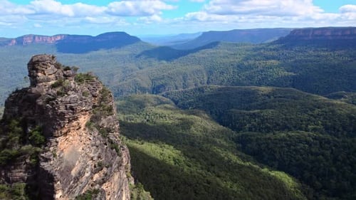 A Breathtaking Aerial View of Blue Mountains National Park Showcases Dramatic Cliffs and Valleys