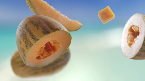 Flying Melon and Melons Slices in Beach Tropical Summer Background