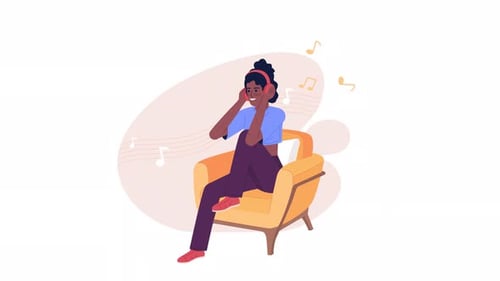 Animated Woman Listening to Music on Smartphone with Headphones