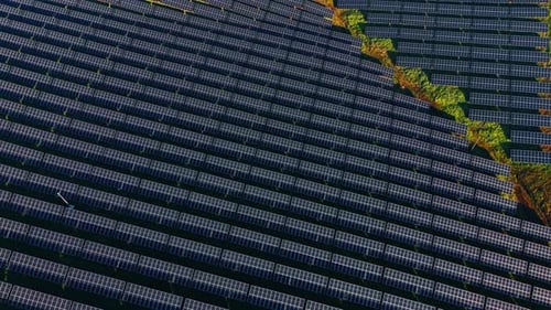 Flug über das riesige Gebiet mit zahlreichen Sonnenkollektoren. Strahlende Sonne beleuchtet die Landschaft