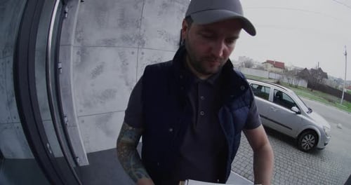 Man Delivers Packages to Door on Overcast Day