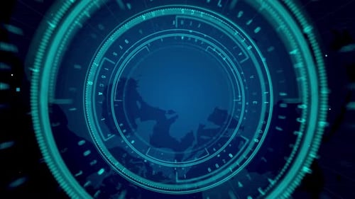 Interfaz digital futurista con patrones geométricos azules giratorios