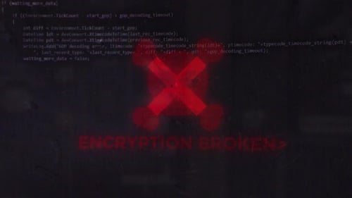 Animated Glitch Code Screen with Encryption Broken Warning
