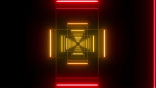 Luzes de néon dinâmicas pulsam em padrão de caleidoscópio geométrico abstrato